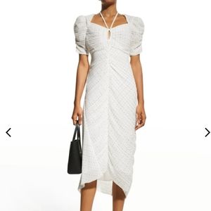 FRAME Gathered Keyhole Tie-Neck Midi Pin Dot Dress